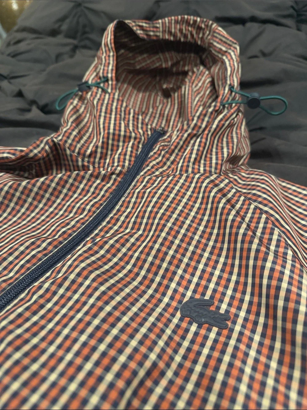 Lacoste Brown & Navy Checked Hooded Windbreaker size M